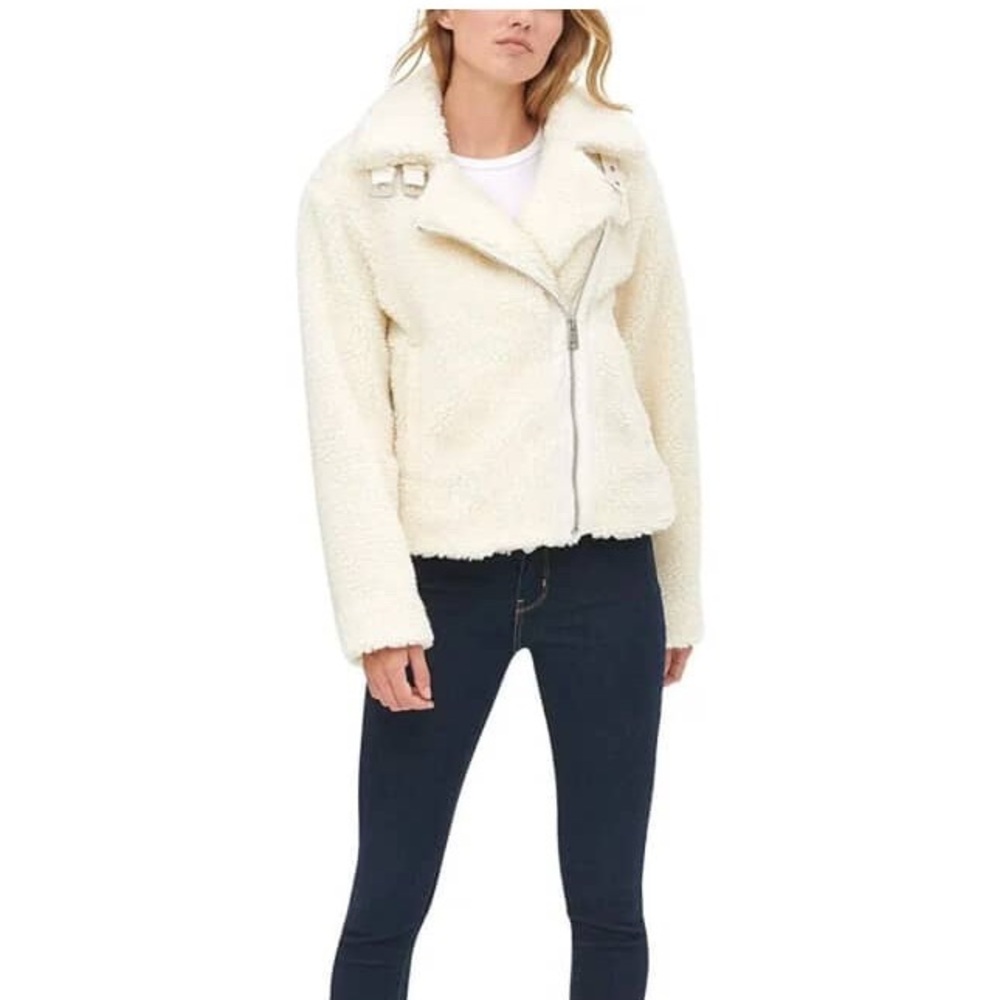 NWT Say What ? Fuzzy Ivory Sherpa Moto Jacket With Gold Zipper Size Small